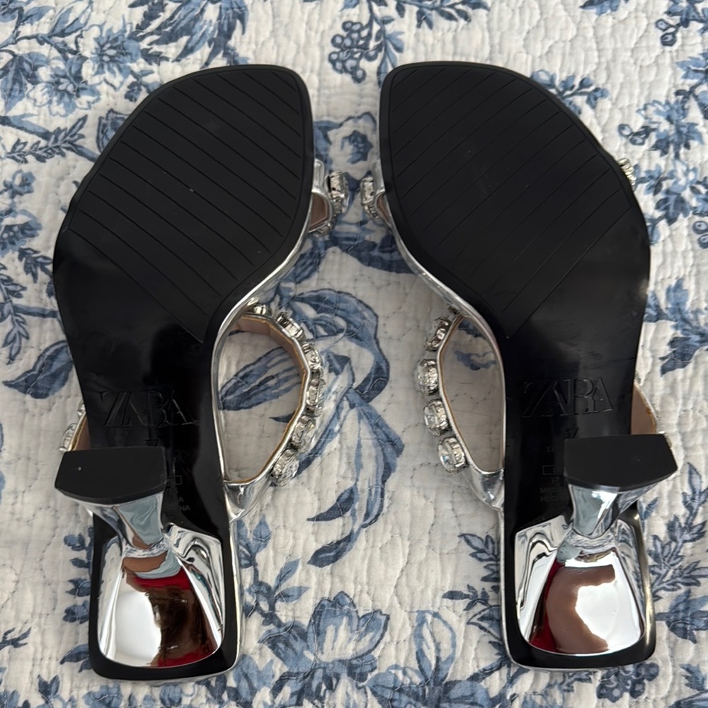 Zara Silver Metallic Jeweled Heels - Picture 7 of 12